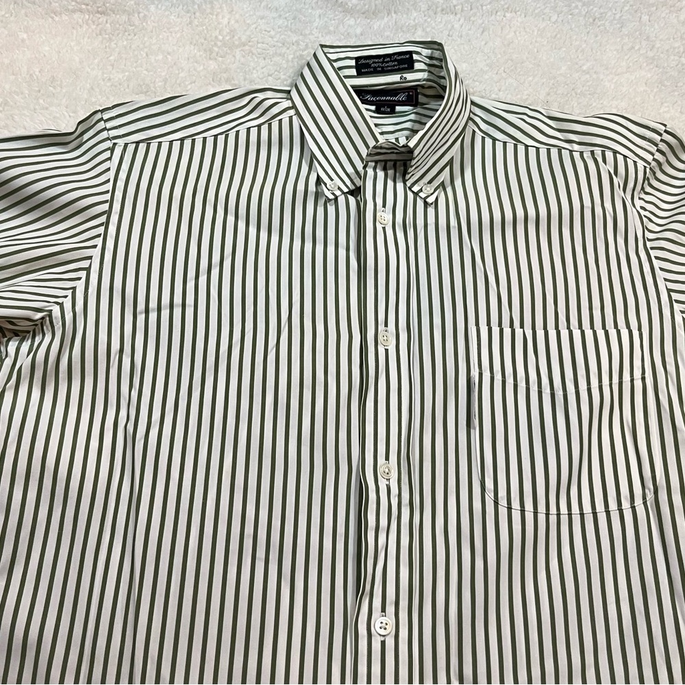 Faconnable Olive Green and White Casual Button Down Shirt with Stripes